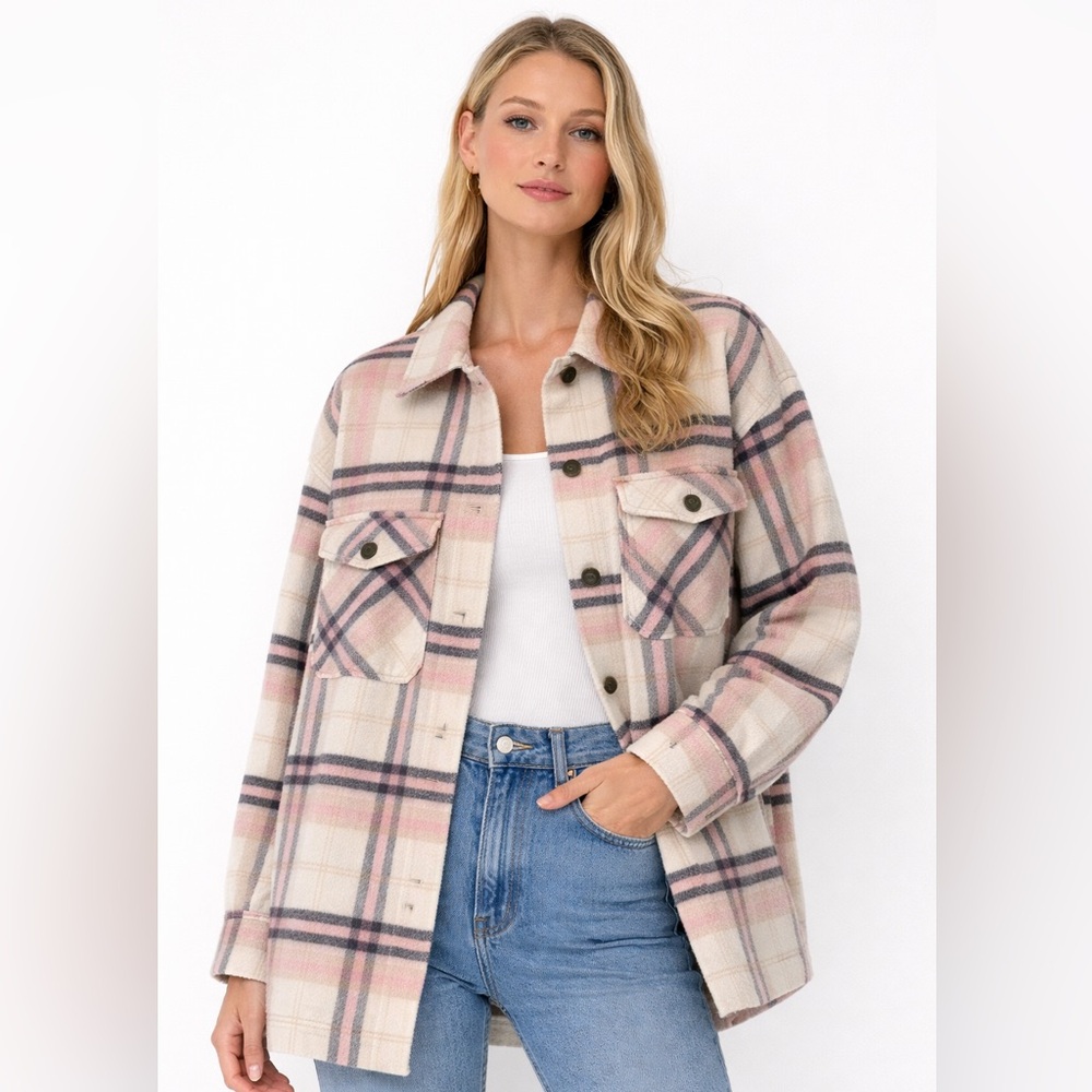 Zara Plaid Shacket Jacket Cream Pink Black Overshirt Size L